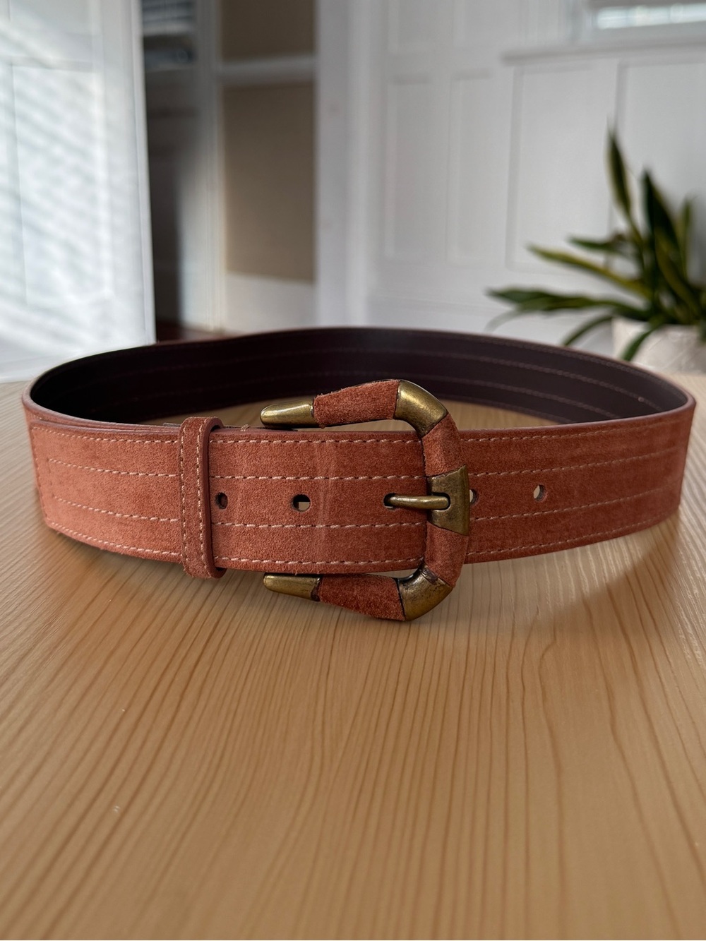 Sézane Sophia Pink Salmon Wide Suede Leather Belt Brass Buckle L / Large Italy